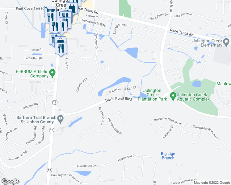 map of restaurants, bars, coffee shops, grocery stores, and more near 315 West Kari Court in Jacksonville