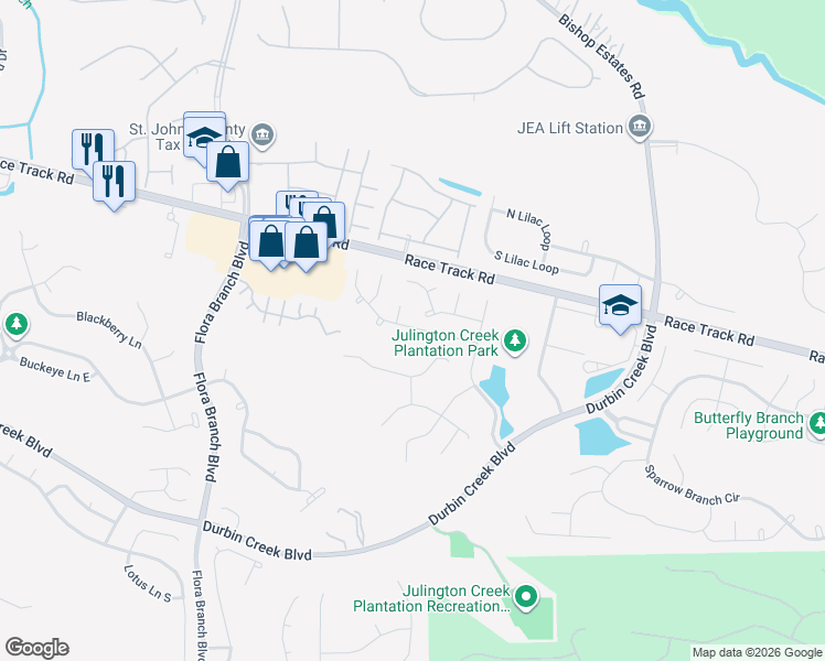 map of restaurants, bars, coffee shops, grocery stores, and more near 956 Buttercup Drive in Saint Johns
