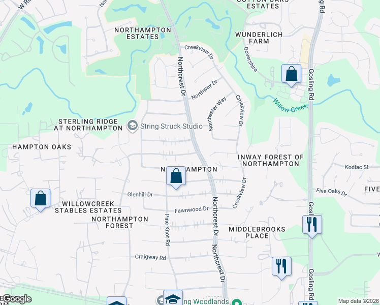map of restaurants, bars, coffee shops, grocery stores, and more near 6210 Jadecrest Drive in Spring