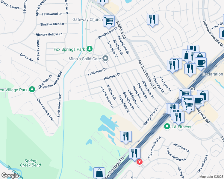 map of restaurants, bars, coffee shops, grocery stores, and more near 29122 Waltham Street in Spring