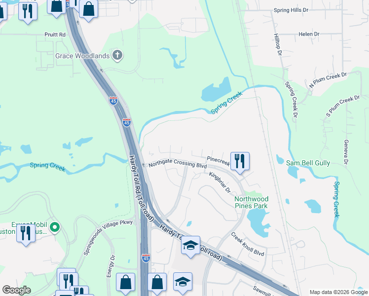 map of restaurants, bars, coffee shops, grocery stores, and more near 907 Saginaw Bay Court in Spring