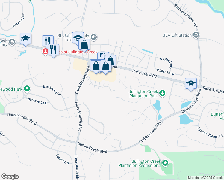 map of restaurants, bars, coffee shops, grocery stores, and more near 160 Southern Bridge Boulevard in Jacksonville