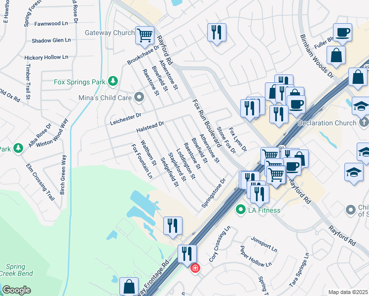 map of restaurants, bars, coffee shops, grocery stores, and more near 29019 Raestone Street in Spring