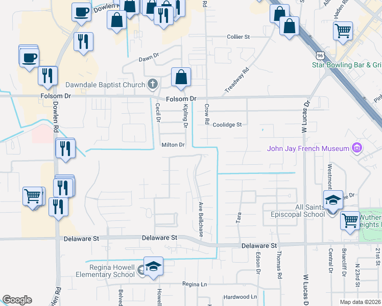 map of restaurants, bars, coffee shops, grocery stores, and more near 4890 Littlewood Drive in Beaumont