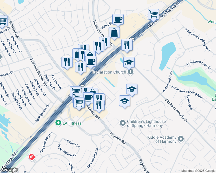 map of restaurants, bars, coffee shops, grocery stores, and more near 28610 Lockeridge Springs Drive in Spring