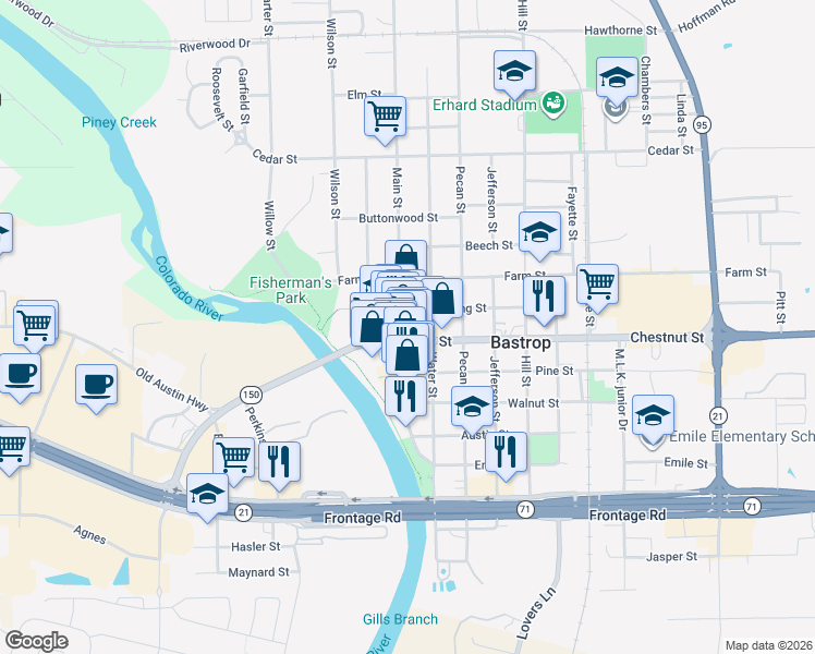 map of restaurants, bars, coffee shops, grocery stores, and more near 1009 Main Street in Bastrop