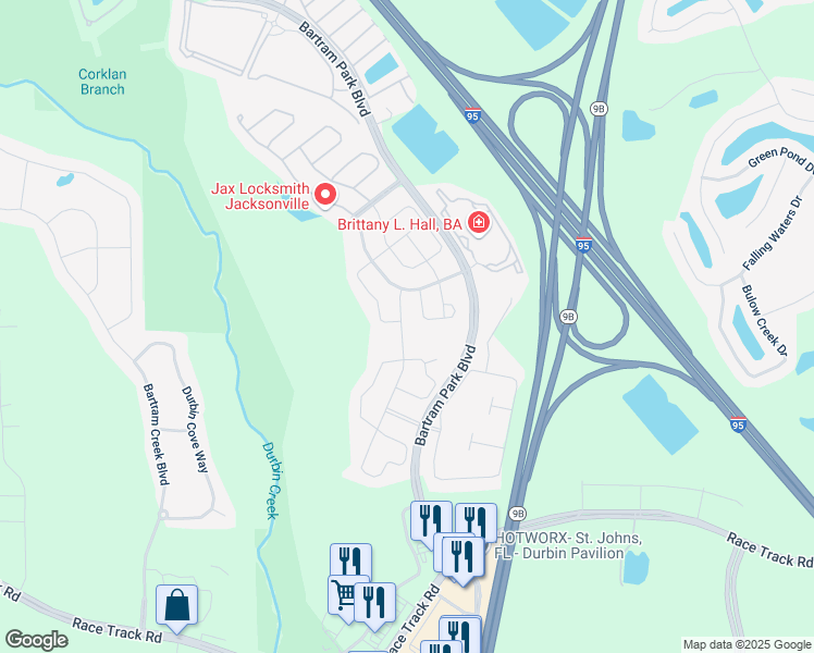 map of restaurants, bars, coffee shops, grocery stores, and more near 14743 Rain Lily Street in Jacksonville