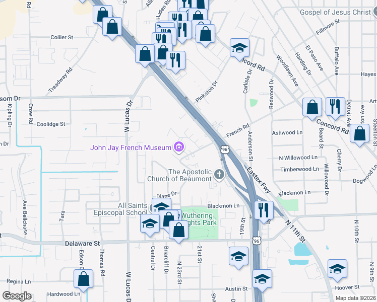 map of restaurants, bars, coffee shops, grocery stores, and more near 3025 French Road in Beaumont