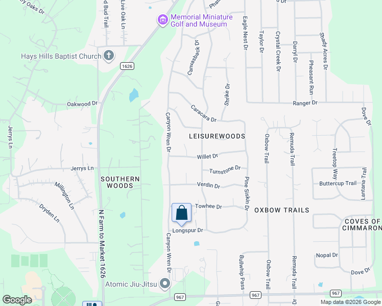 map of restaurants, bars, coffee shops, grocery stores, and more near 208 Willet Drive in Buda