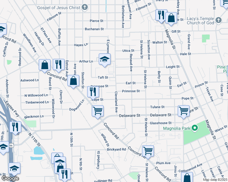 map of restaurants, bars, coffee shops, grocery stores, and more near 3385 Cleveland Ave in Beaumont
