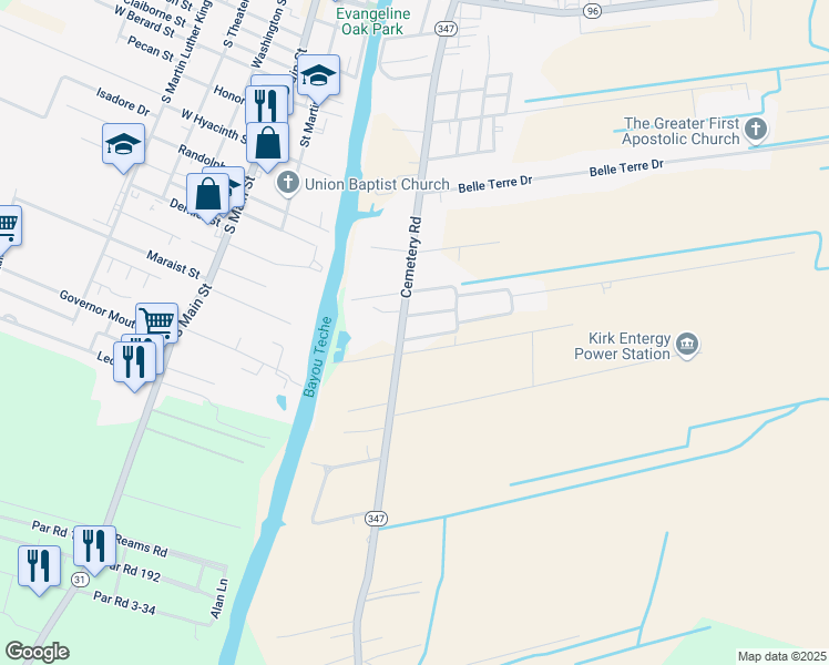 map of restaurants, bars, coffee shops, grocery stores, and more near 6799 Cemetery Road in Saint Martinville