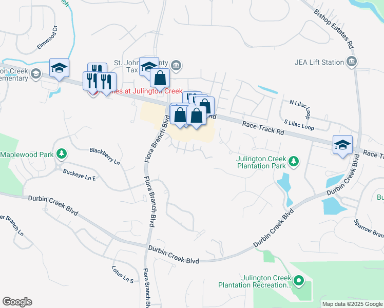 map of restaurants, bars, coffee shops, grocery stores, and more near 145 Southern Bridge Boulevard in Jacksonville