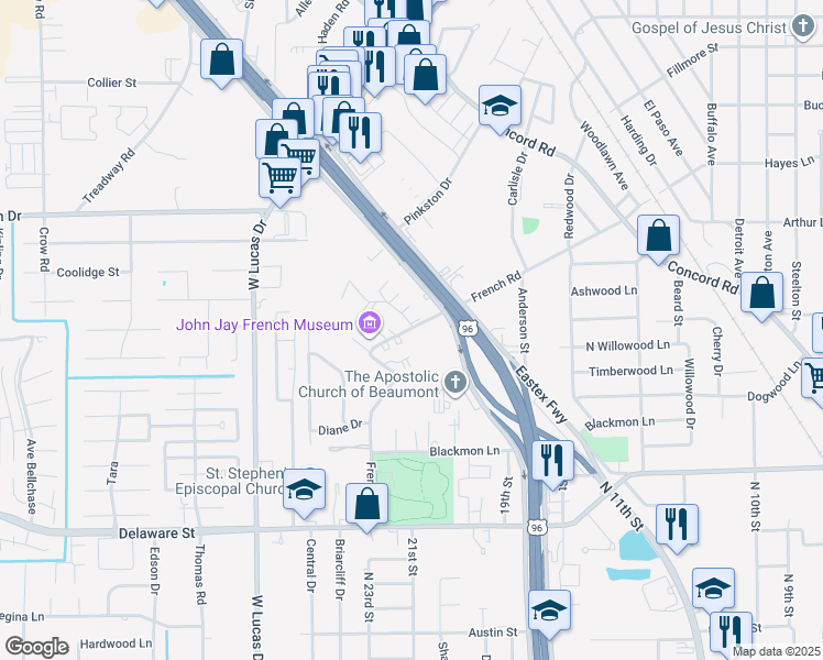 map of restaurants, bars, coffee shops, grocery stores, and more near 3355 Eastex Freeway in Beaumont