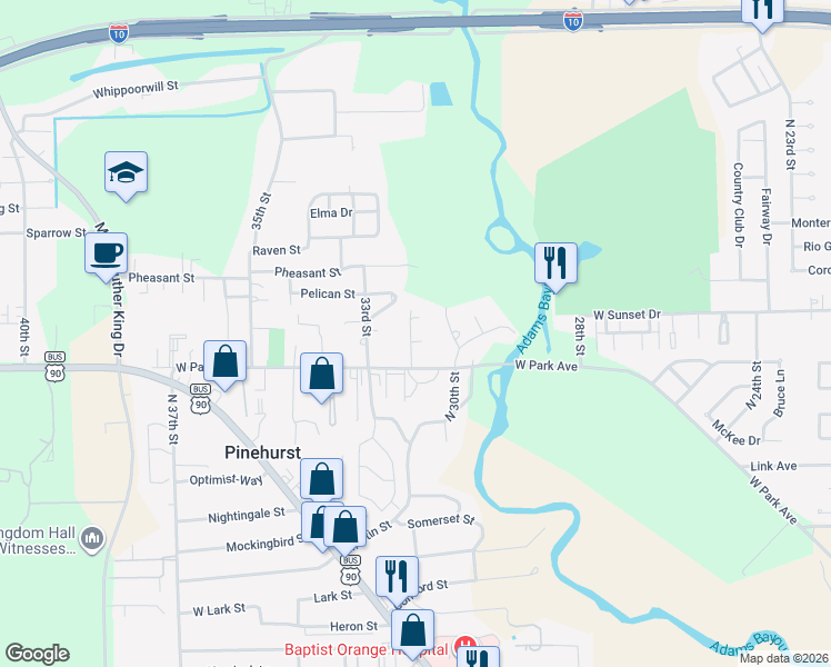 map of restaurants, bars, coffee shops, grocery stores, and more near 19 Pinewood Circle in Orange
