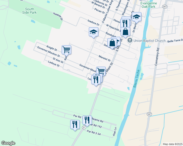 map of restaurants, bars, coffee shops, grocery stores, and more near 230 Mary Ann Street in Saint Martinville