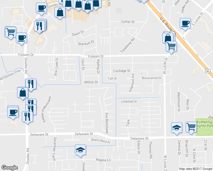 map of restaurants, bars, coffee shops, grocery stores, and more near 4890 Littlewood Drive in Beaumont