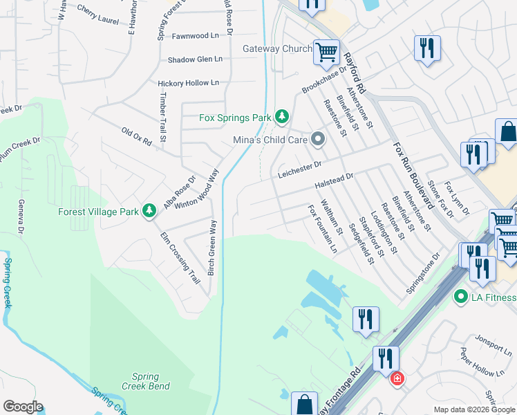 map of restaurants, bars, coffee shops, grocery stores, and more near 2427 Fox River Lane in Spring