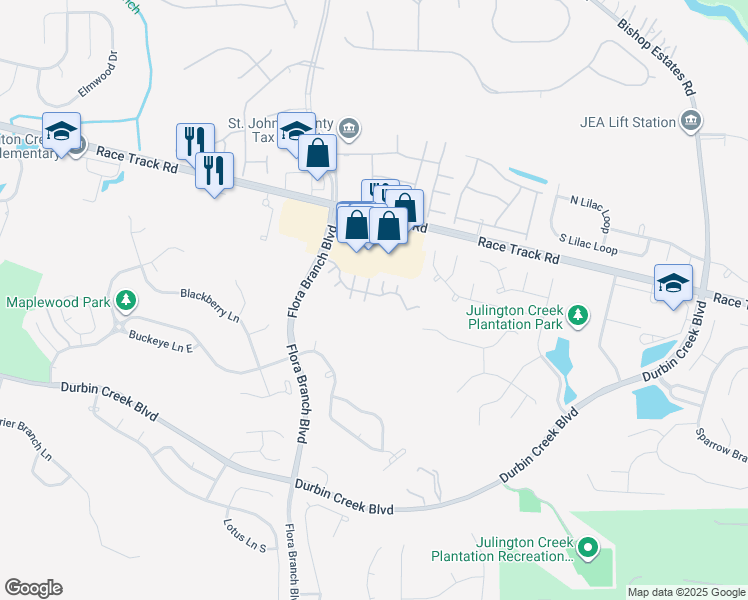 map of restaurants, bars, coffee shops, grocery stores, and more near 145 Southern Bridge Boulevard in Jacksonville