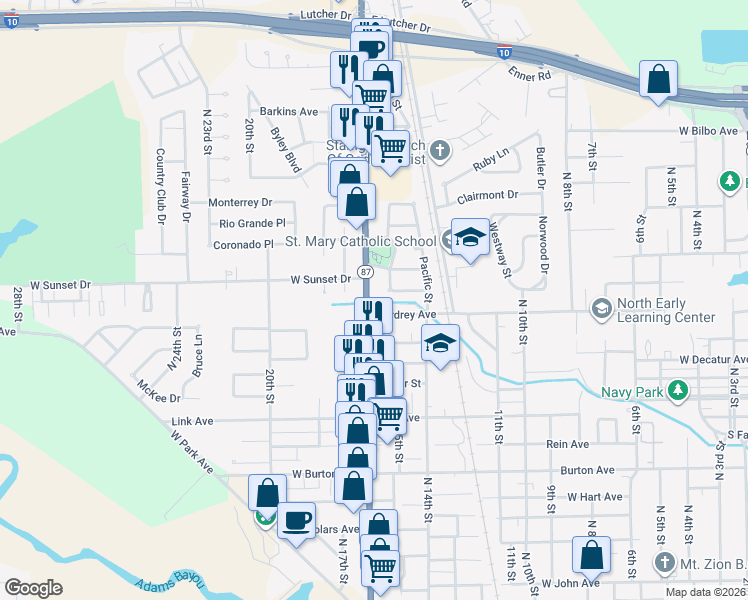 map of restaurants, bars, coffee shops, grocery stores, and more near 2202 North 16th Street in Orange