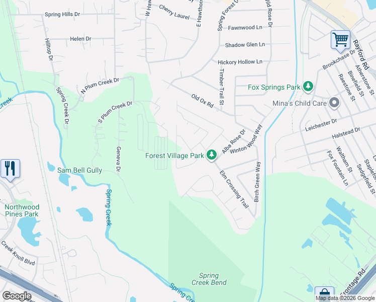 map of restaurants, bars, coffee shops, grocery stores, and more near 2488 Elm Crossing Trail in Spring