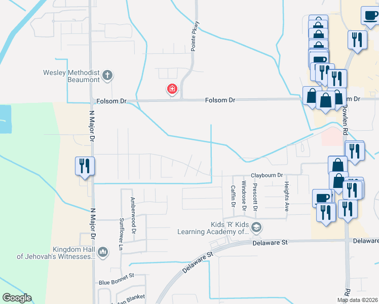map of restaurants, bars, coffee shops, grocery stores, and more near 5752 Delaware Street in Beaumont