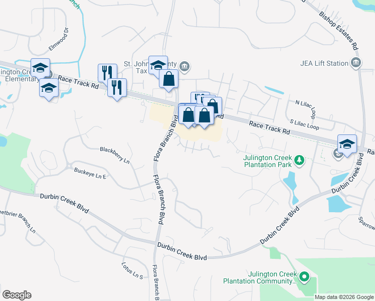 map of restaurants, bars, coffee shops, grocery stores, and more near 505 South Steel Bridge Road in Jacksonville