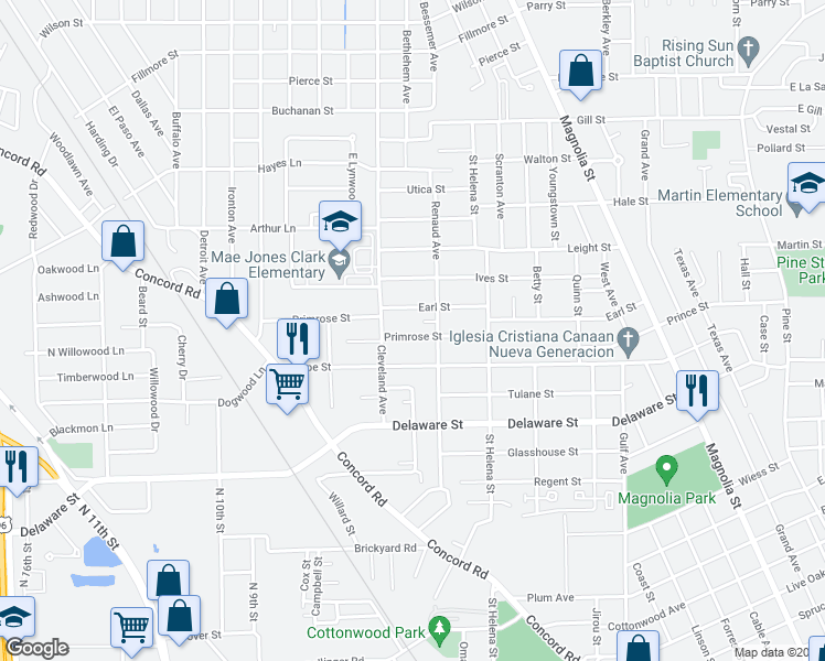 map of restaurants, bars, coffee shops, grocery stores, and more near 2190 Primrose Street in Beaumont