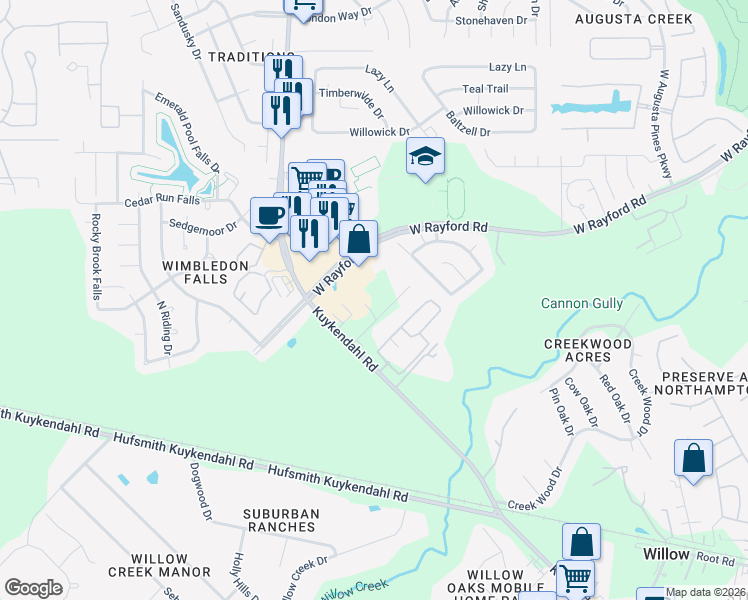 map of restaurants, bars, coffee shops, grocery stores, and more near 7926 Hennessy Lane in Spring
