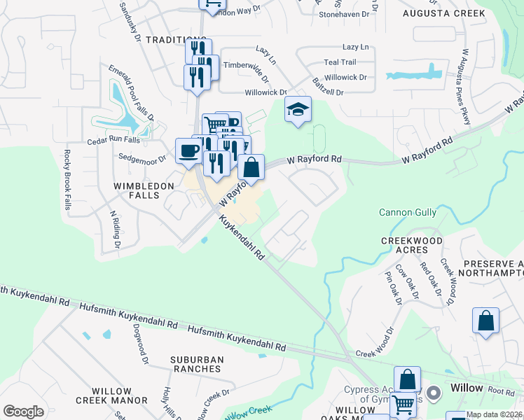 map of restaurants, bars, coffee shops, grocery stores, and more near 7926 Hennessy Lane in Spring
