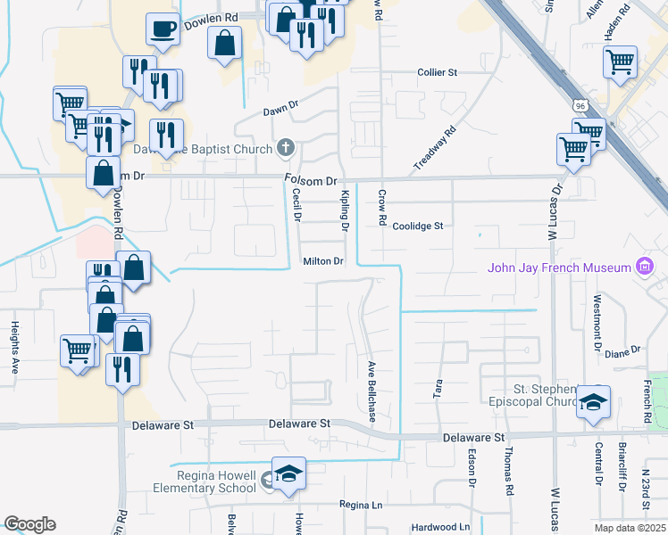 map of restaurants, bars, coffee shops, grocery stores, and more near 4990 Littlewood Drive in Beaumont