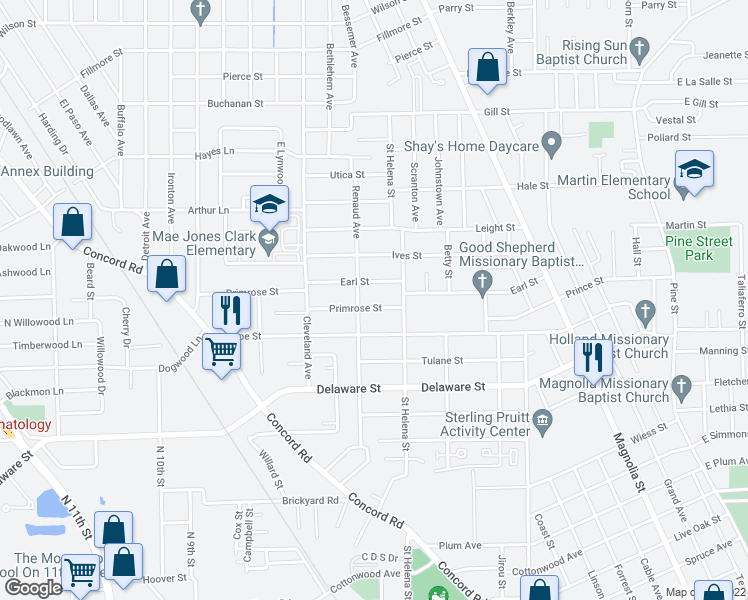 map of restaurants, bars, coffee shops, grocery stores, and more near 2066 Primrose Street in Beaumont