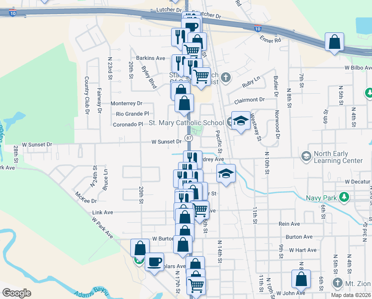 map of restaurants, bars, coffee shops, grocery stores, and more near 2202 North 16th Street in Orange