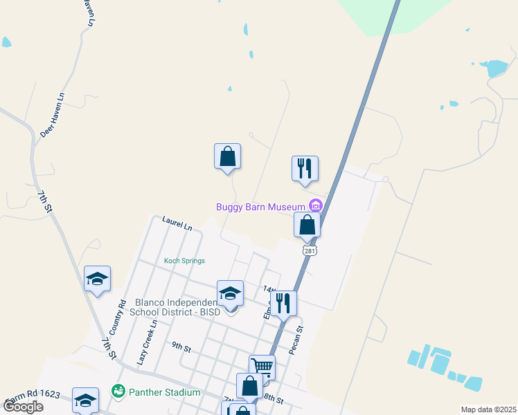 map of restaurants, bars, coffee shops, grocery stores, and more near 124 Kelly Lane in Blanco