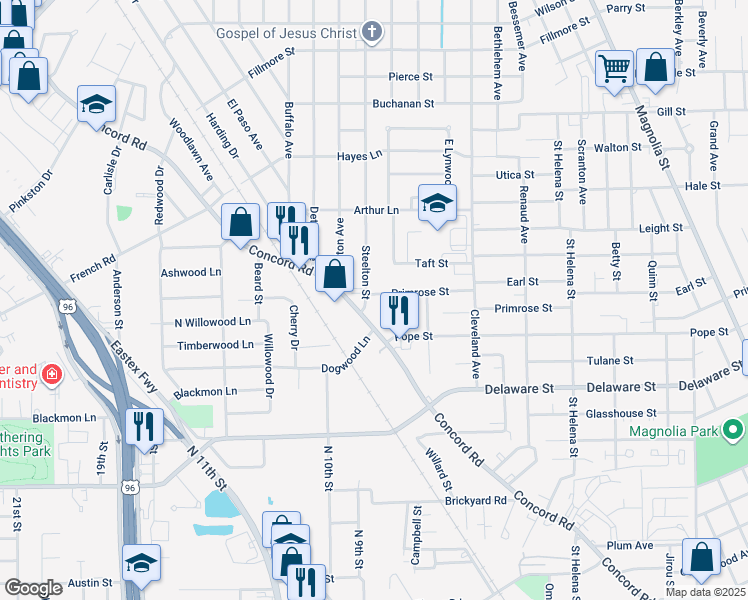 map of restaurants, bars, coffee shops, grocery stores, and more near 3370 Concord Road in Beaumont