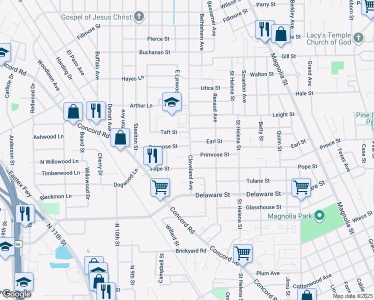 map of restaurants, bars, coffee shops, grocery stores, and more near 2307 Primrose Street in Beaumont
