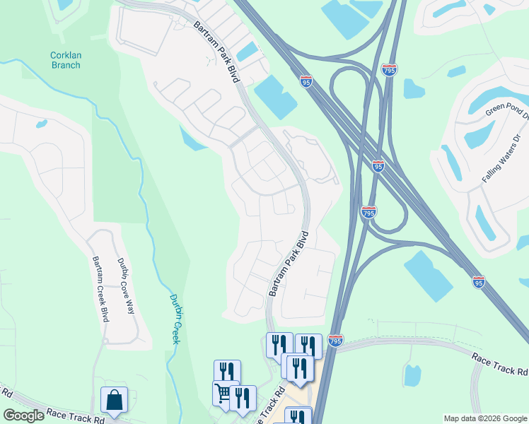 map of restaurants, bars, coffee shops, grocery stores, and more near 14743 Rain Lily Street in Jacksonville