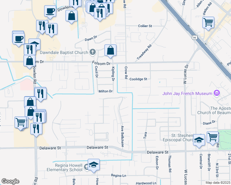 map of restaurants, bars, coffee shops, grocery stores, and more near 4990 Littlewood Drive in Beaumont