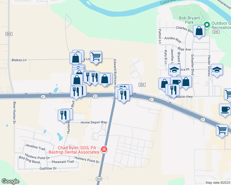 map of restaurants, bars, coffee shops, grocery stores, and more near Texas 304 in Bastrop