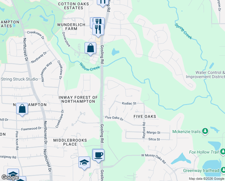 map of restaurants, bars, coffee shops, grocery stores, and more near 23823 Barstow Street in Spring