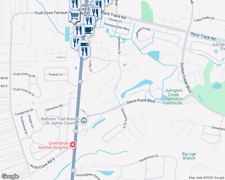 map of restaurants, bars, coffee shops, grocery stores, and more near 400 Chipley Place West in Saint Johns