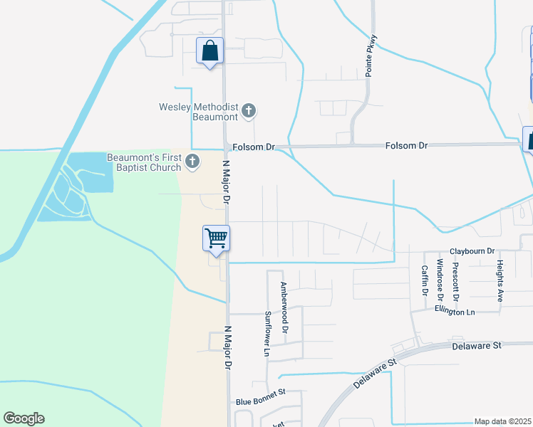 map of restaurants, bars, coffee shops, grocery stores, and more near 3620 Grayson Lane in Beaumont