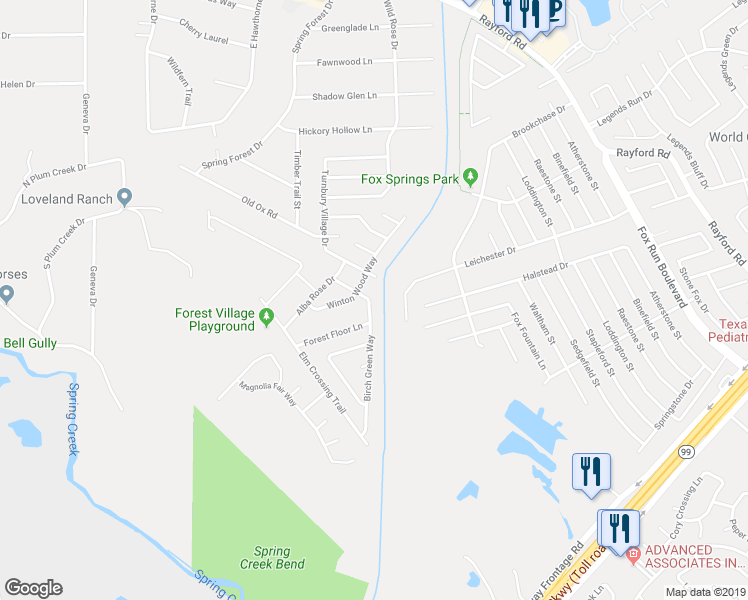 map of restaurants, bars, coffee shops, grocery stores, and more near 29219 Birch Green Way in Spring