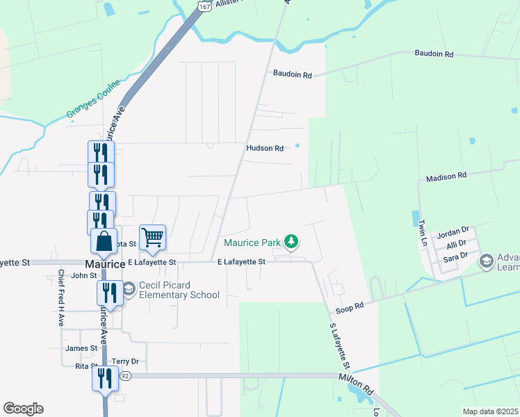 map of restaurants, bars, coffee shops, grocery stores, and more near 8533 Cat Road in Maurice