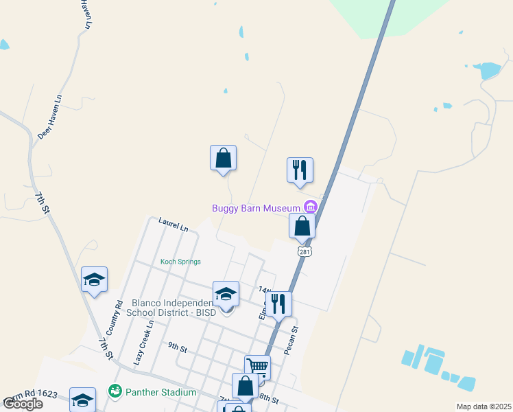 map of restaurants, bars, coffee shops, grocery stores, and more near 124 Kelly Lane in Blanco