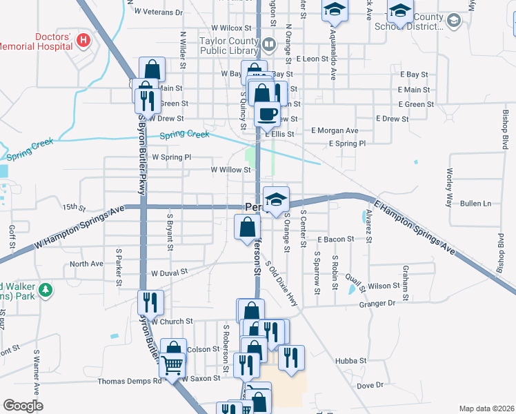 map of restaurants, bars, coffee shops, grocery stores, and more near in Perry