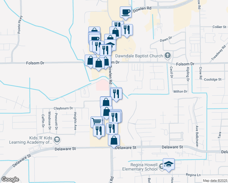 map of restaurants, bars, coffee shops, grocery stores, and more near 3550 Dowlen Road in Beaumont