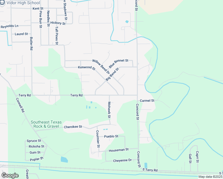 map of restaurants, bars, coffee shops, grocery stores, and more near 1550 Terry Road in Vidor