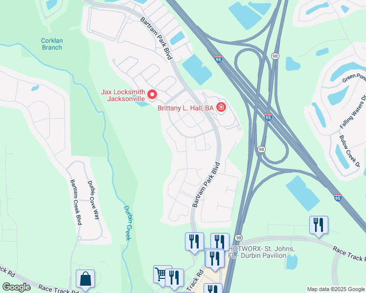 map of restaurants, bars, coffee shops, grocery stores, and more near 14743 Rain Lily Street in Jacksonville