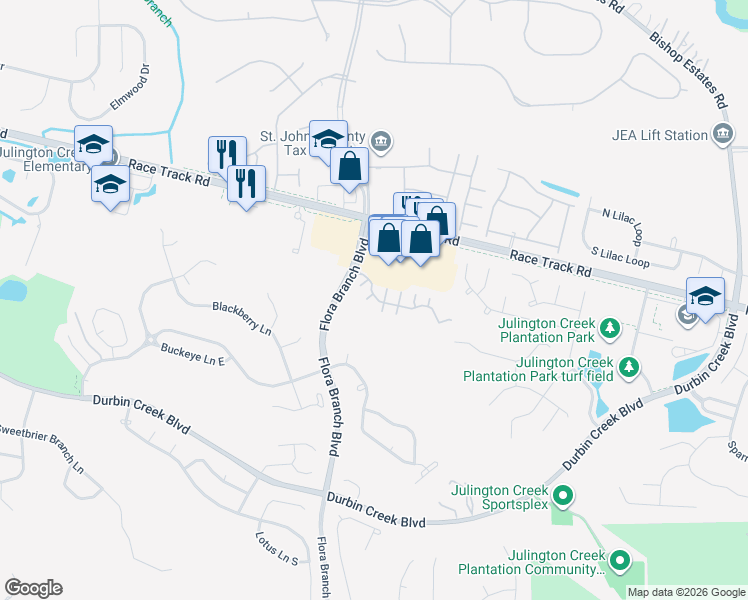 map of restaurants, bars, coffee shops, grocery stores, and more near 305 Blue Lake Road in Saint Johns