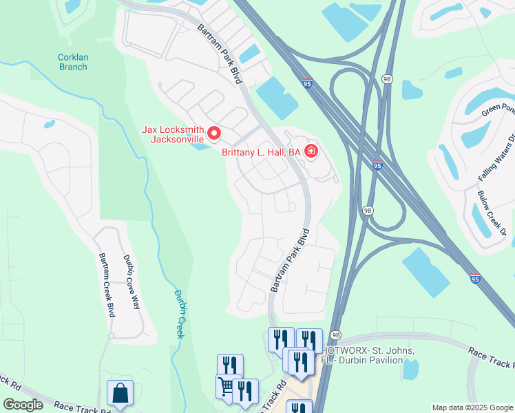 map of restaurants, bars, coffee shops, grocery stores, and more near 14743 Rain Lily Street in Jacksonville